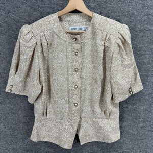 Andrea Gayle Blazer Women 14 Beige Geometric Button Up Short Sleeve Crew Neck